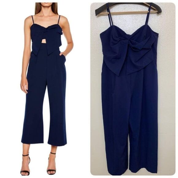 Bardot Lena Twist Bow Cropped Cut Out Jumpsuit Large Pat Blue - Picture 1 of 8